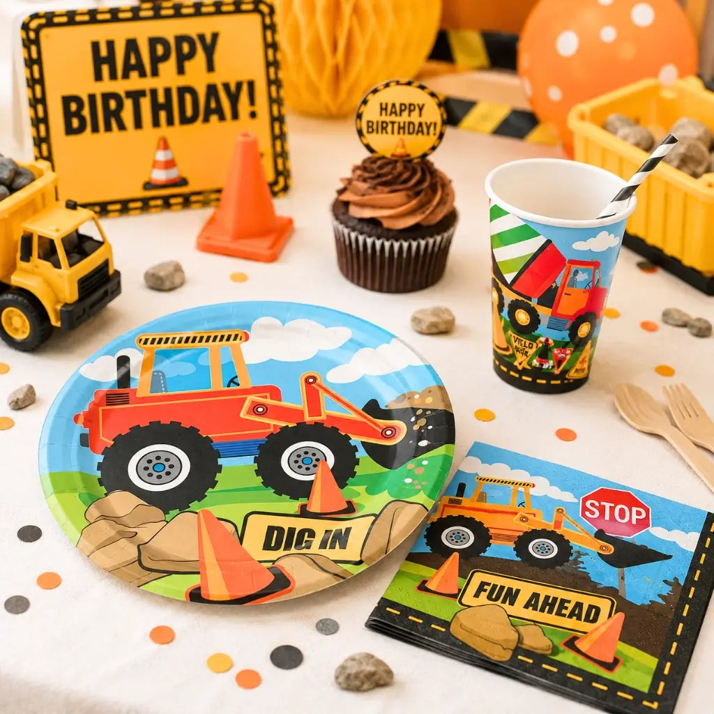 Children's birthday party table with construction-themed plates, cups, and napkins.