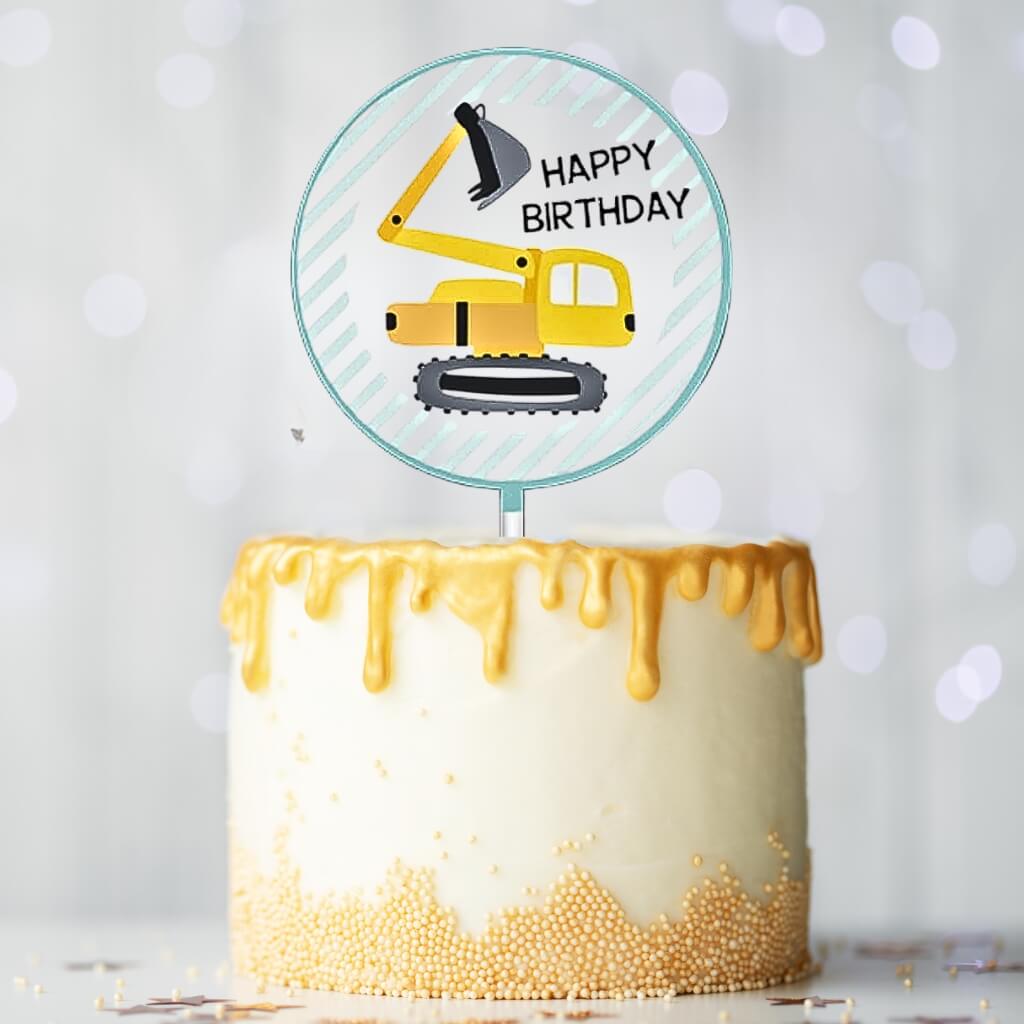 Construction digger acrylic Happy Birthday cake topper