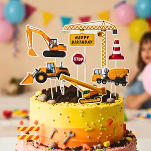 9-piece construction cake topper set with excavator, crane, bulldozer, cement truck and traffic signs