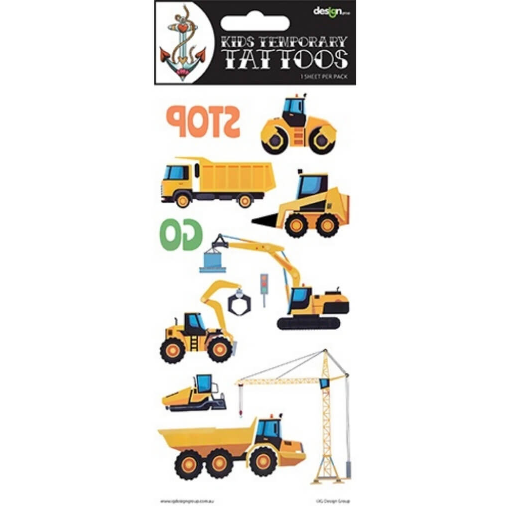 Construction vehicles temporary tattoos sheet for kids