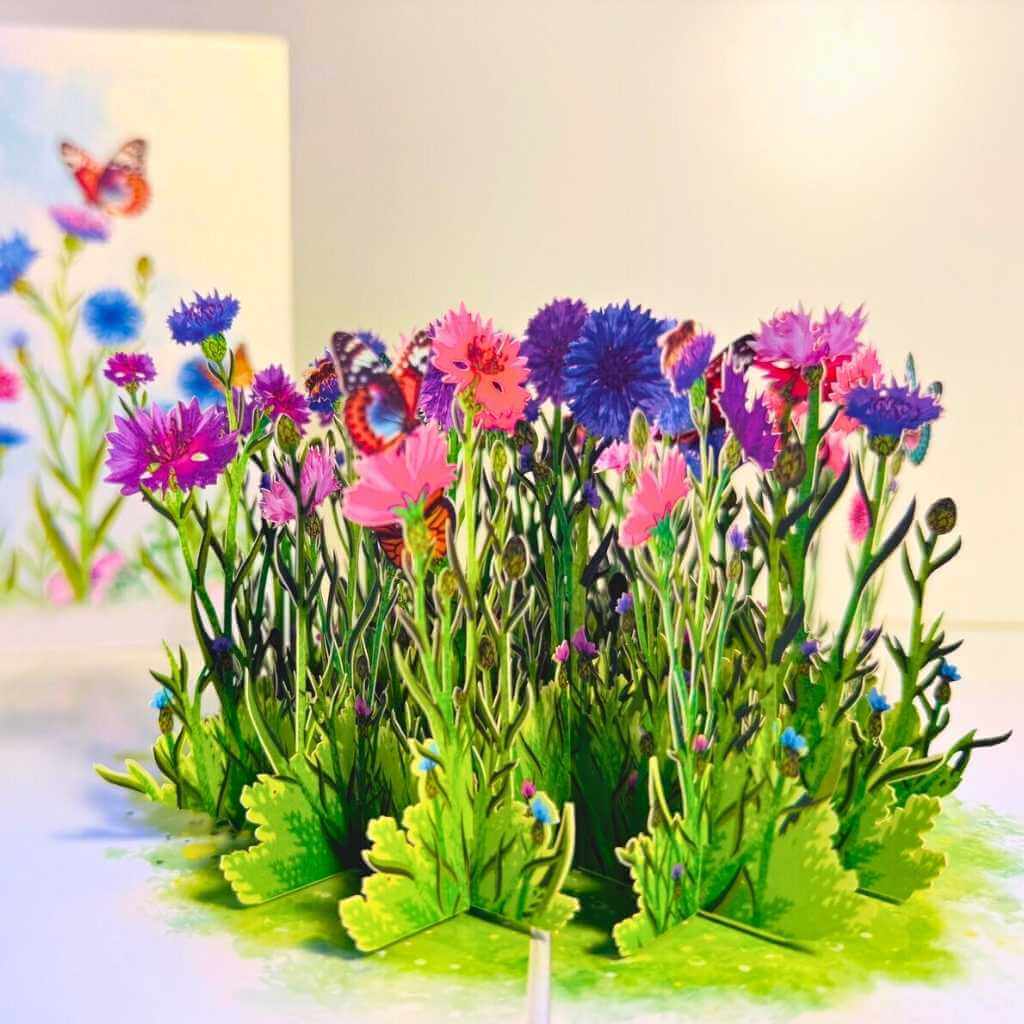 colourful Cornflower Garden with Butterflies 3D Pop Up Greeting Card