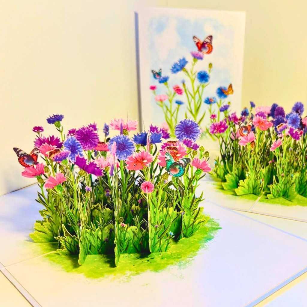 colourful Cornflower Garden with Butterflies 3D Pop Up Greeting Card