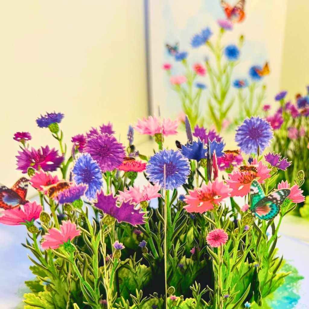 colourful Cornflower Garden with Butterflies 3D Pop Up Greeting Card