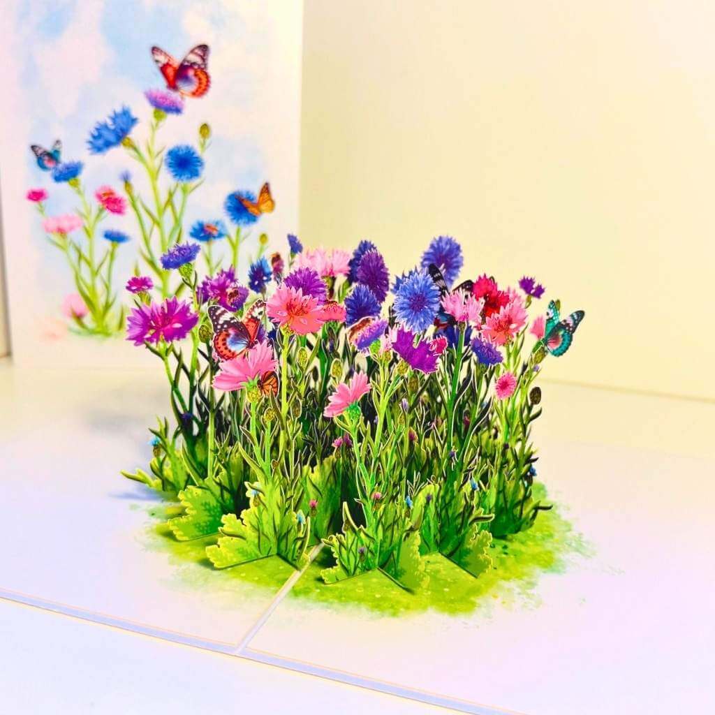 colourful Cornflower Garden with Butterflies 3D Pop Up Greeting Card