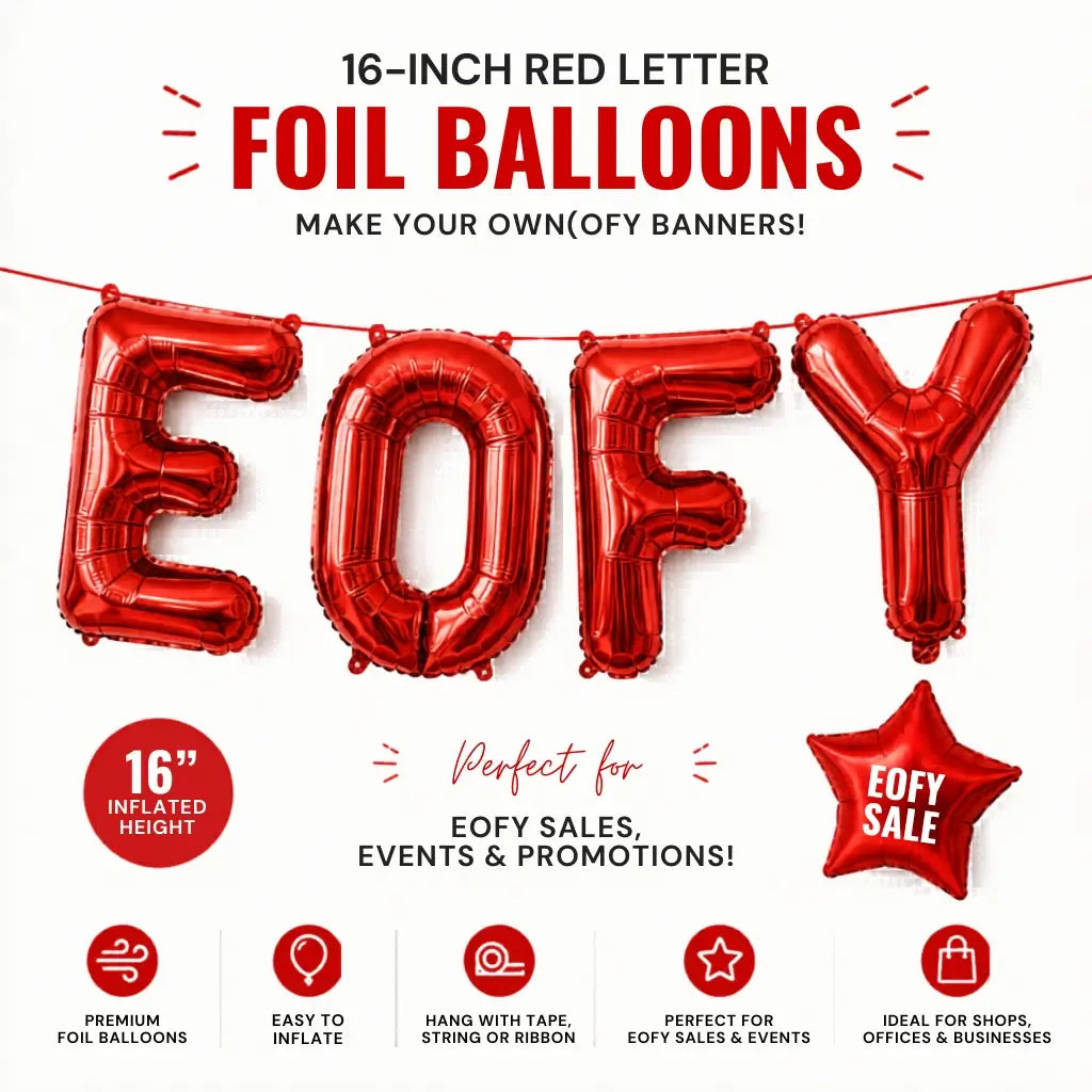 Red metallic EOFY balloons for corporate events