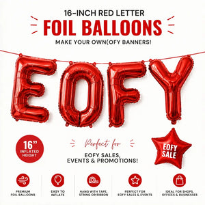 Red metallic EOFY balloons for corporate events
