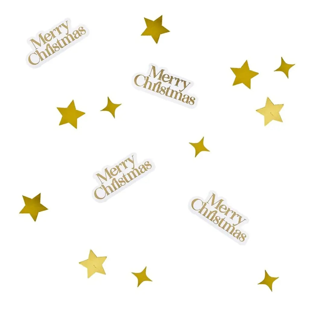 Gold card Christmas table scatter with text and festive shapes