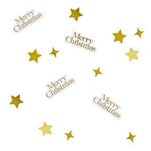 Gold card Christmas table scatter with text and festive shapes