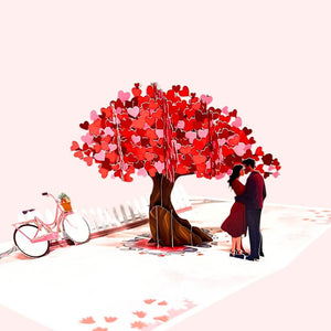 In Love Couple Under Red Heart Cherry Blossom Tree 3D Card