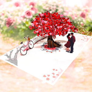 In Love Couple Under Red Heart Cherry Blossom Tree 3D Card