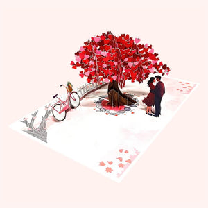 In Love Couple Under Red Heart Cherry Blossom Tree 3D Card