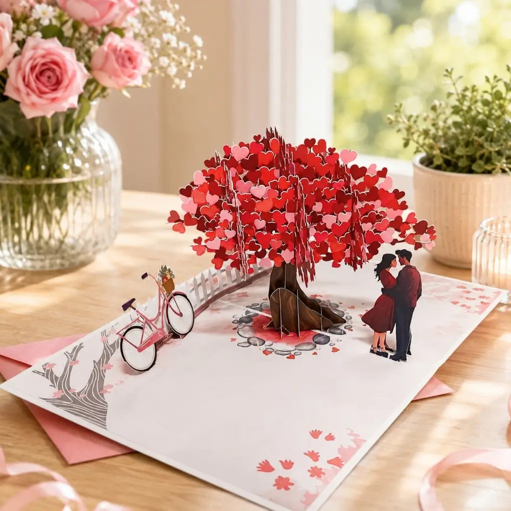 In Love Couple Under Red Heart Cherry Blossom Tree 3D Origami Pop Up Greeting Card