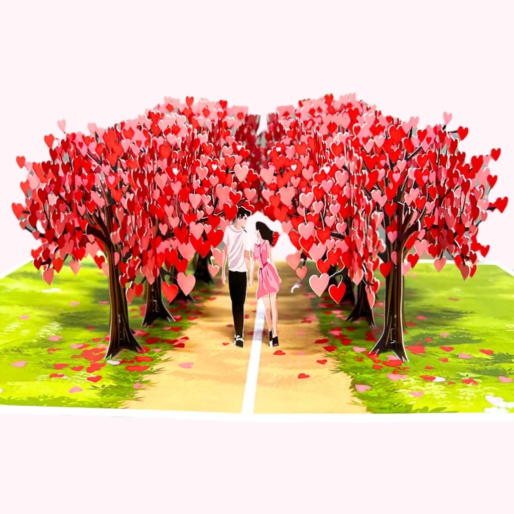 Handmade Couple Walking In Red Heart Cherry Blossom Forest 3D Origami Pop Up Greeting Card