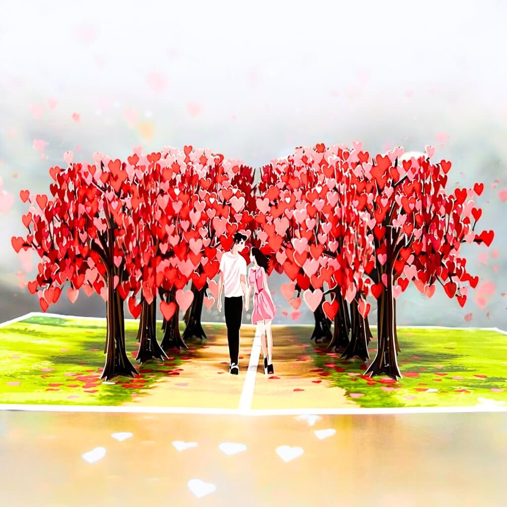 Handmade Couple Walking In Red Heart Cherry Blossom Forest 3D Origami Pop Up Greeting Card