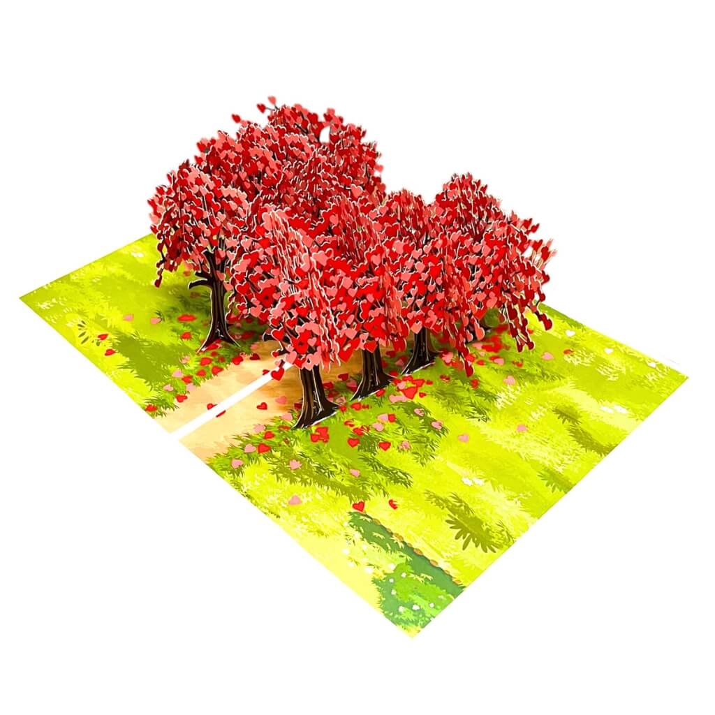 Handmade Couple Walking In Red Heart Cherry Blossom Forest 3D Origami Pop Up Greeting Card