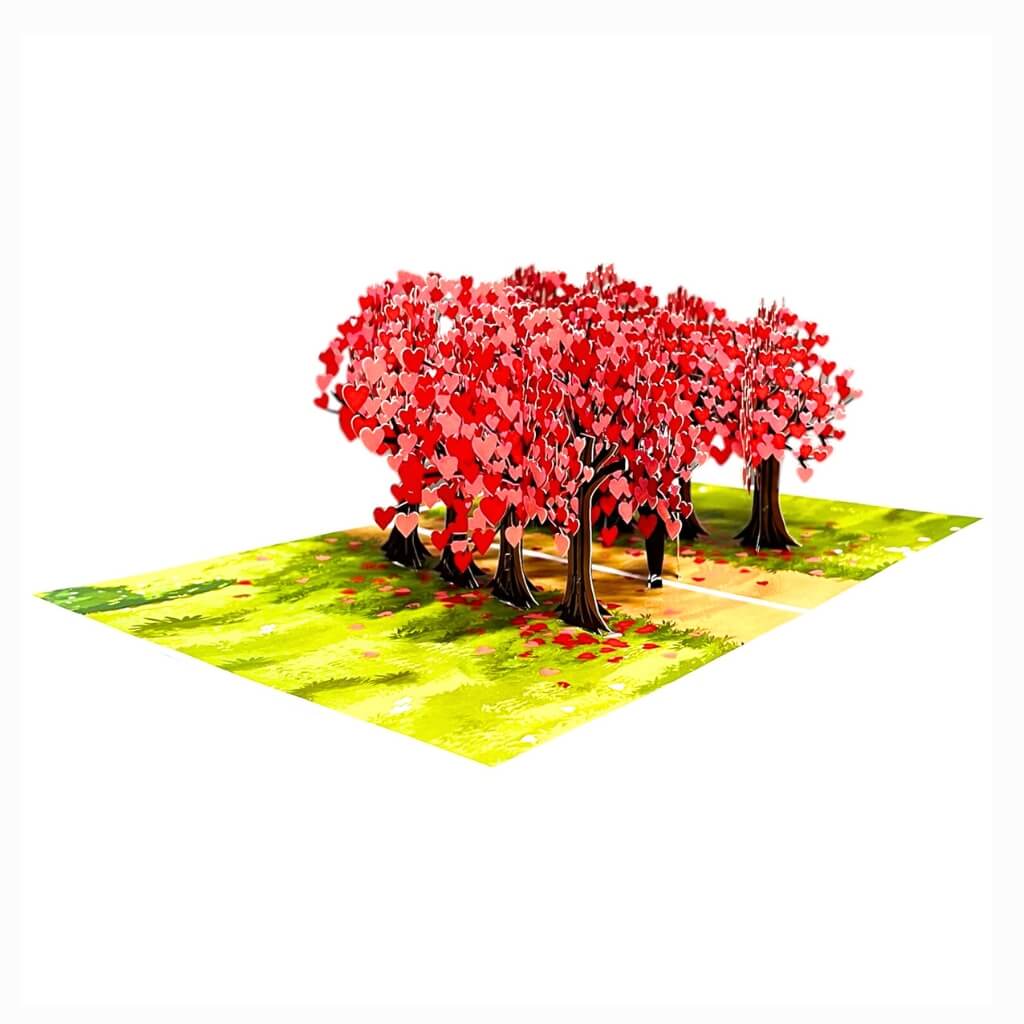 Handmade Couple Walking In Red Heart Cherry Blossom Forest 3D Origami Pop Up Greeting Card