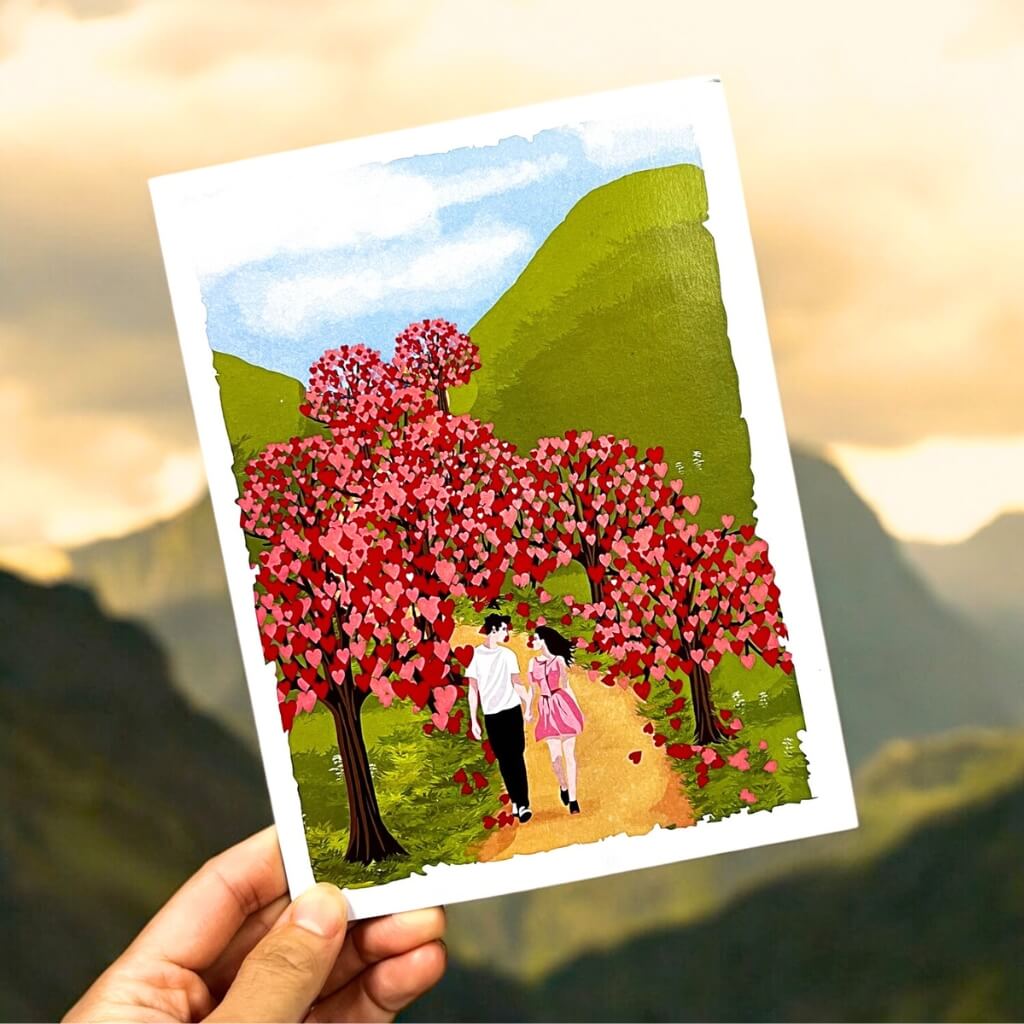 Handmade Couple Walking In Red Heart Cherry Blossom Forest 3D Origami Pop Up Greeting Card