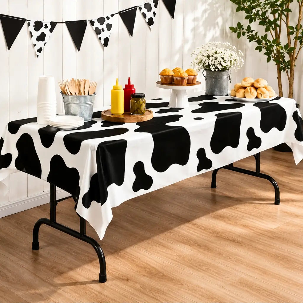 Cow print plastic tablecover for farm themed party table