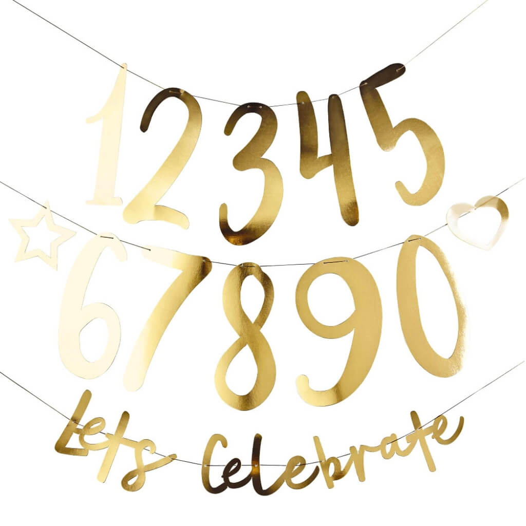 Party banner with gold letters and customisable numbers