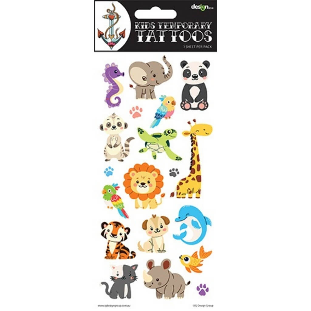 Cute Animals Kids Temporary Tattoos Sheet