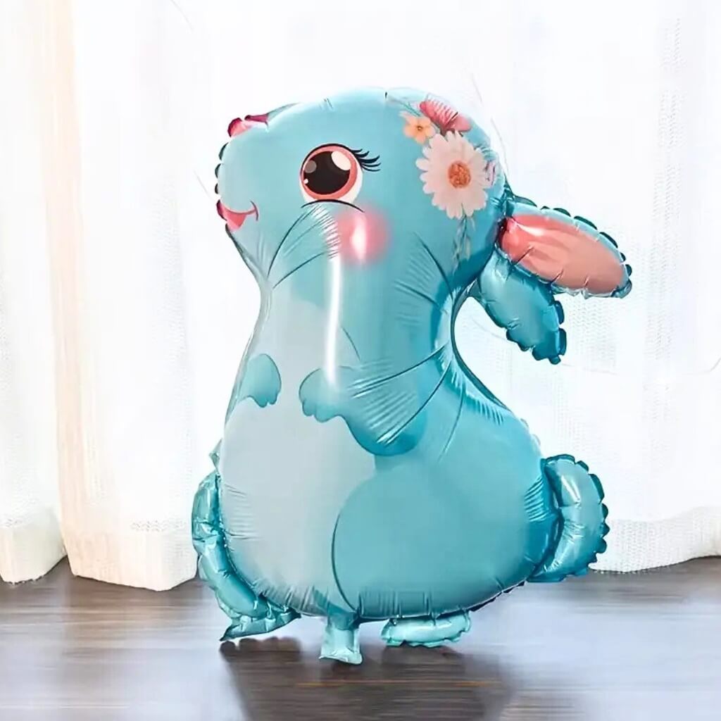 Cute large bunny foil balloon sitting upright with floral crown