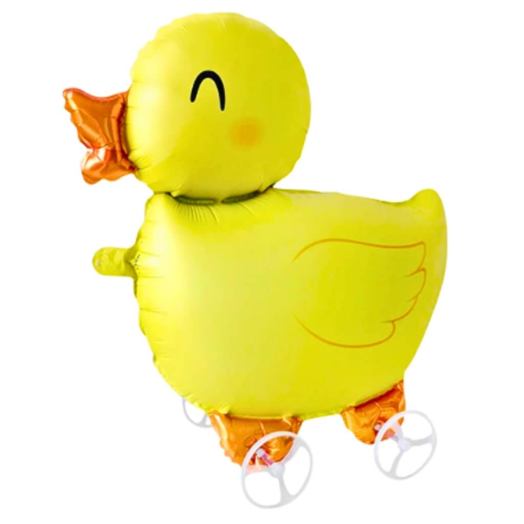 Walking yellow duck foil balloon with wheels and orange beak