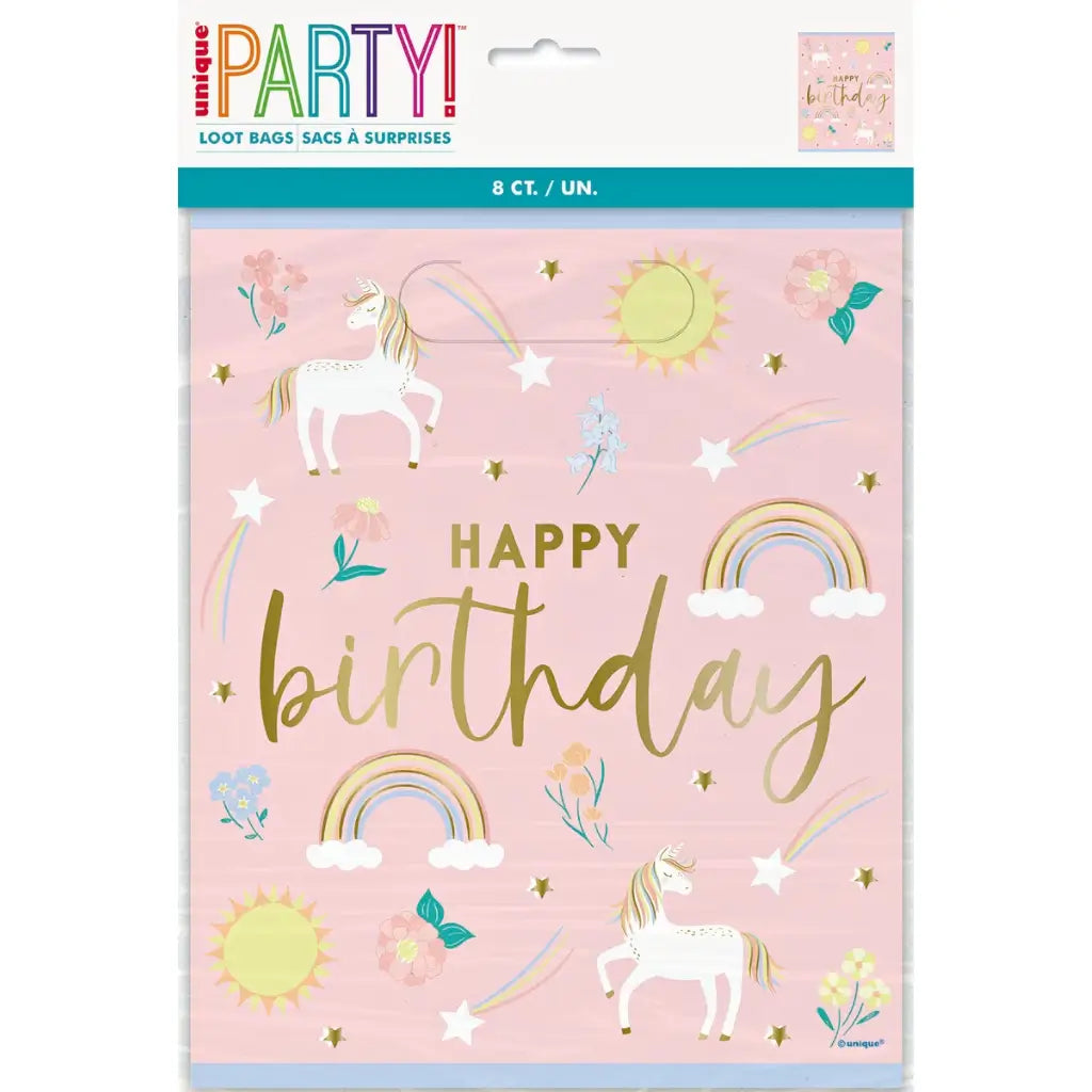 Pastel unicorn party loot bags with rainbow design