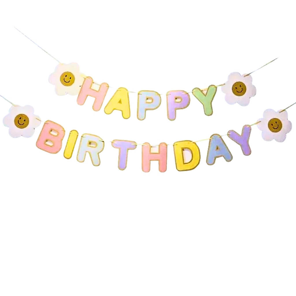 Happy Birthday pastel rainbow paper garland with white daisy accents