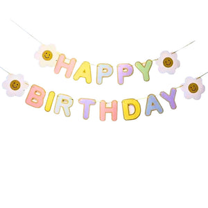 Happy Birthday pastel rainbow paper garland with white daisy accents
