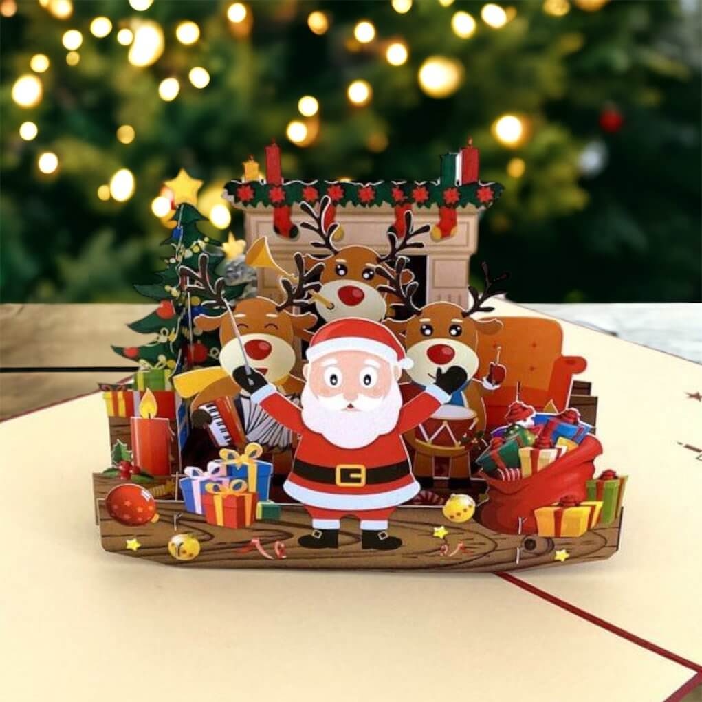 Darling Christmas Reindeer Party with Santa Pop Up Card - Red Cover