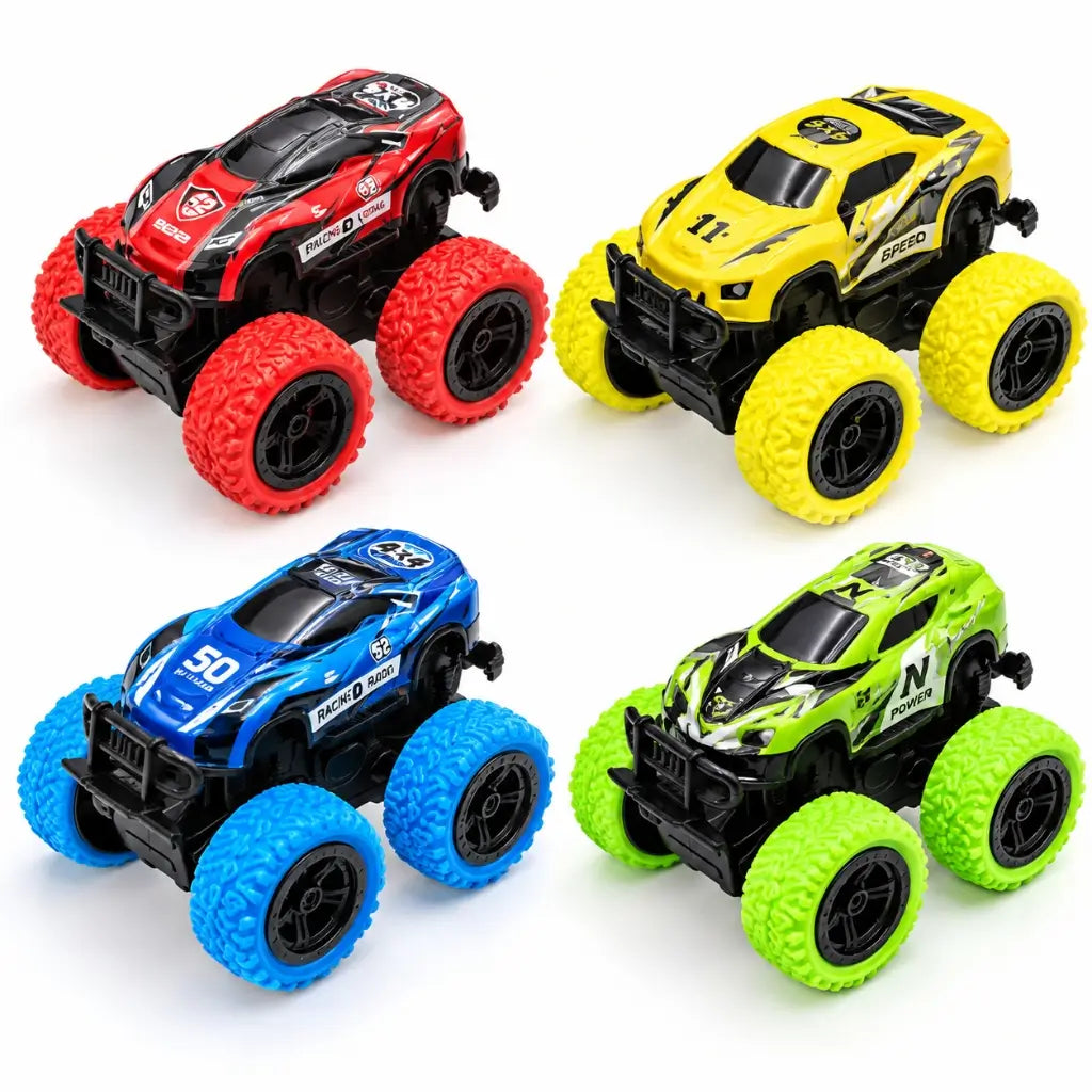 Assorted die-cast off-road racer cars with oversized colourful tyres