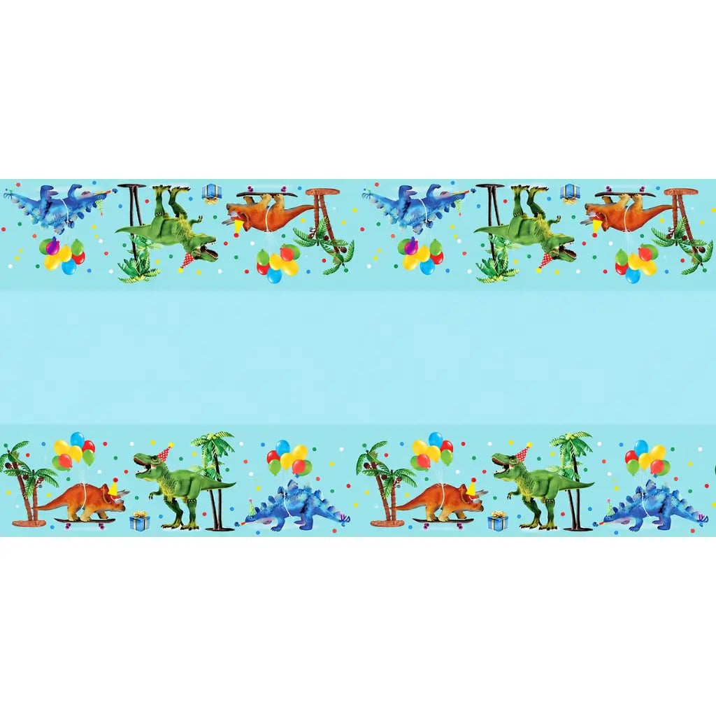Dinosaur birthday paper table runner with colourful party artwork