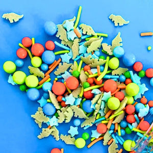 Dinosaur shaped cake sprinkles close-up