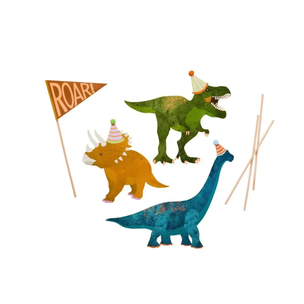 Dinosaur cake topper set featuring T-Rex, Triceratops and Brachiosaurus