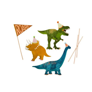 Dinosaur cake topper set featuring T-Rex, Triceratops and Brachiosaurus