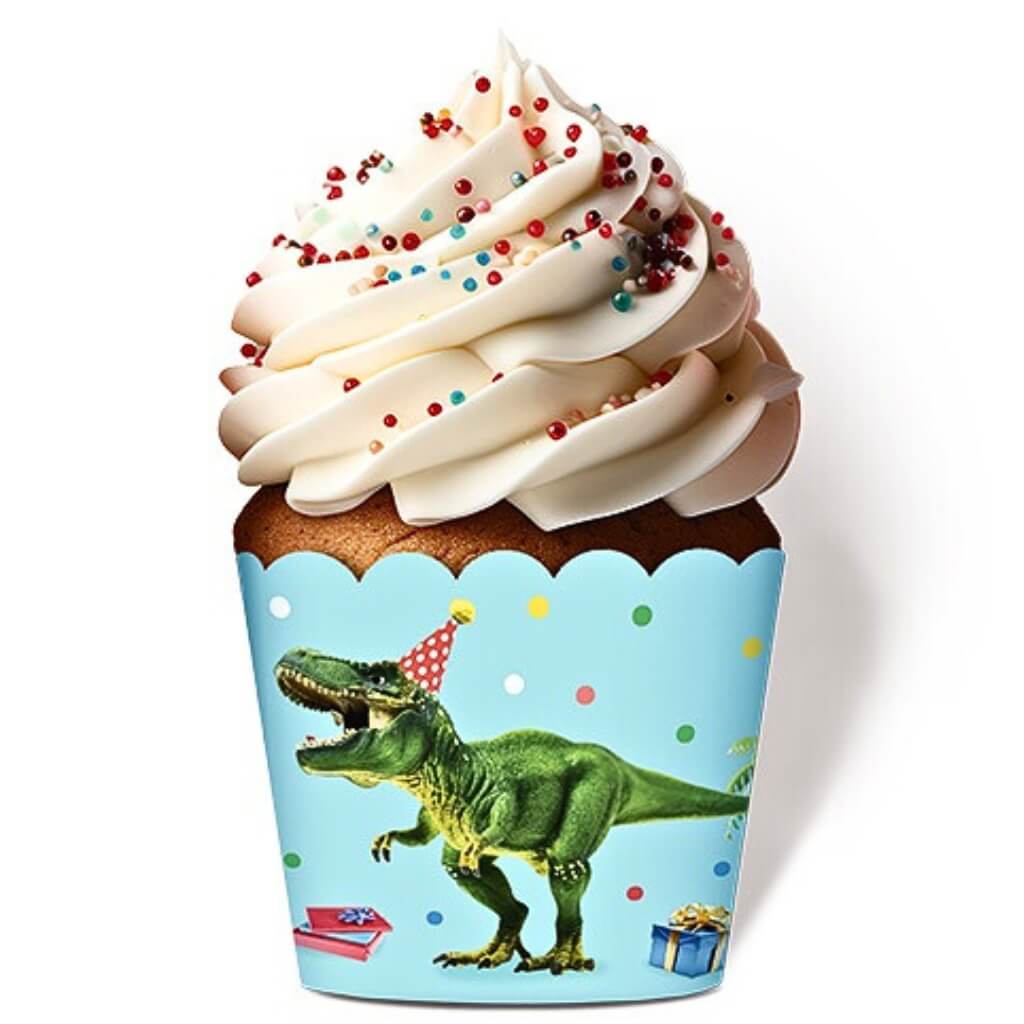 Dinosaur themed cupcake baking cups with party hat dinos