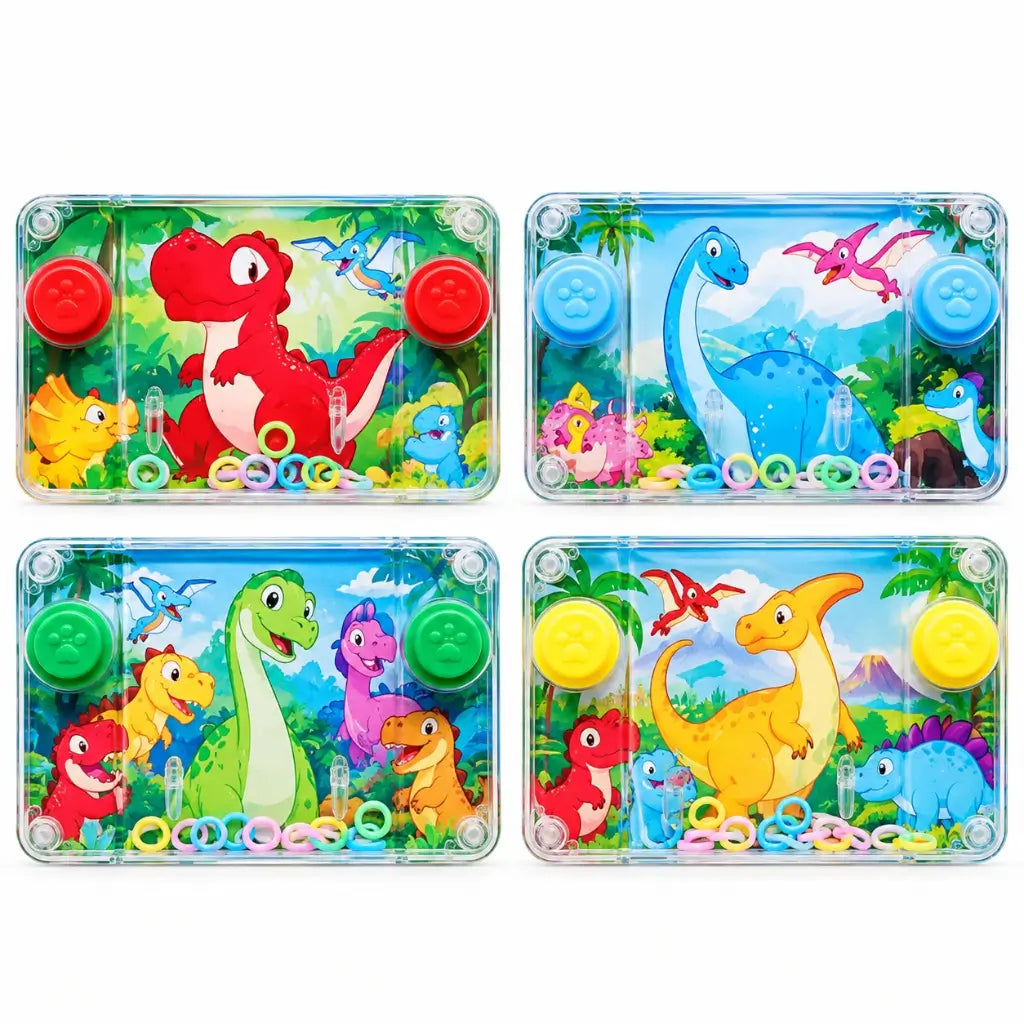 Four assorted dinosaur handheld water ring games with colourful prehistoric artwork