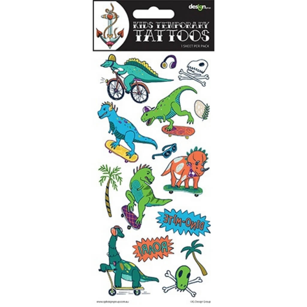 Dinosaur kids temporary tattoos sheet with colourful dinosaur designs