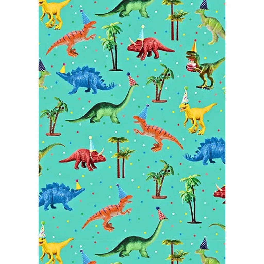 Dinosaur birthday wrapping paper with party hats