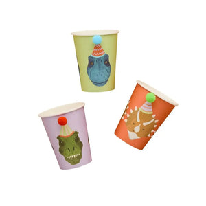 Dinosaur-themed paper drink cups with pom pom decorations