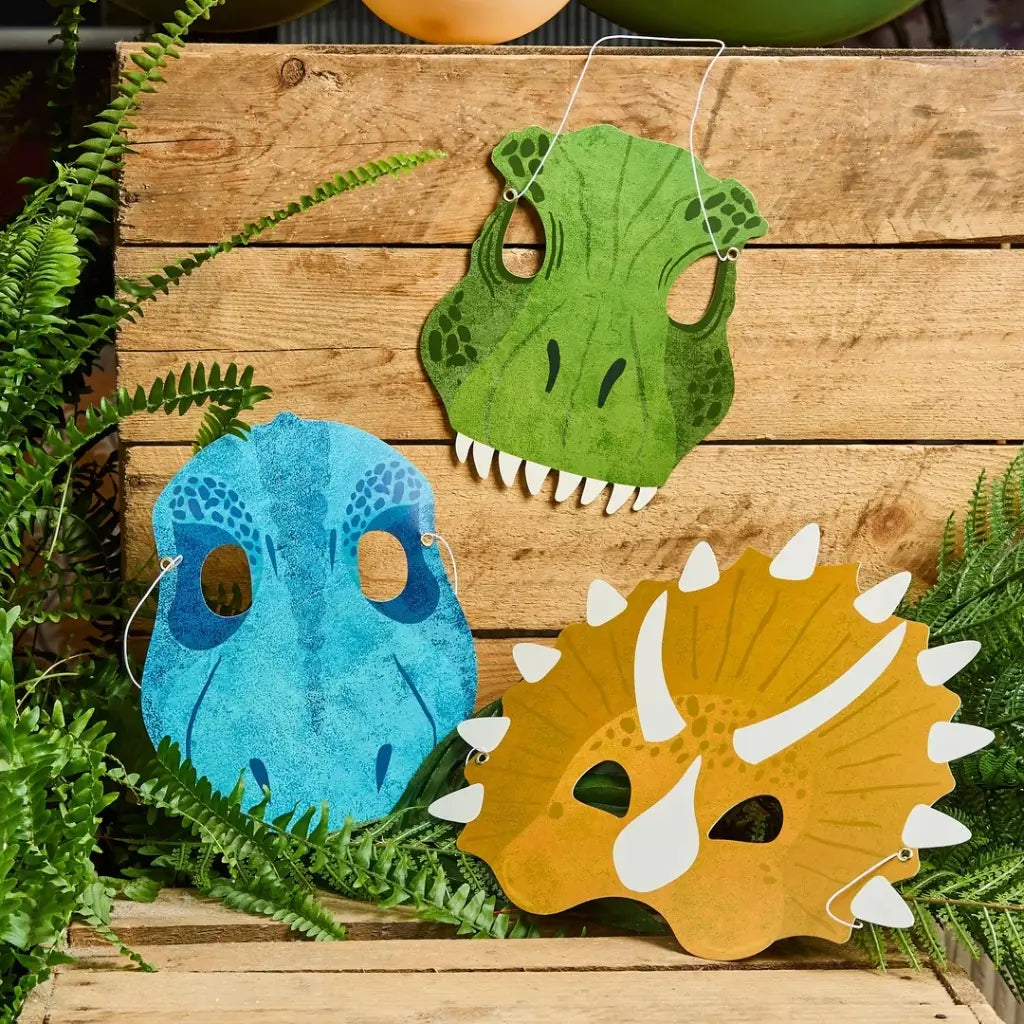 Dinosaur Party Masks 6 Pack with 3 assorted dinosaur designs