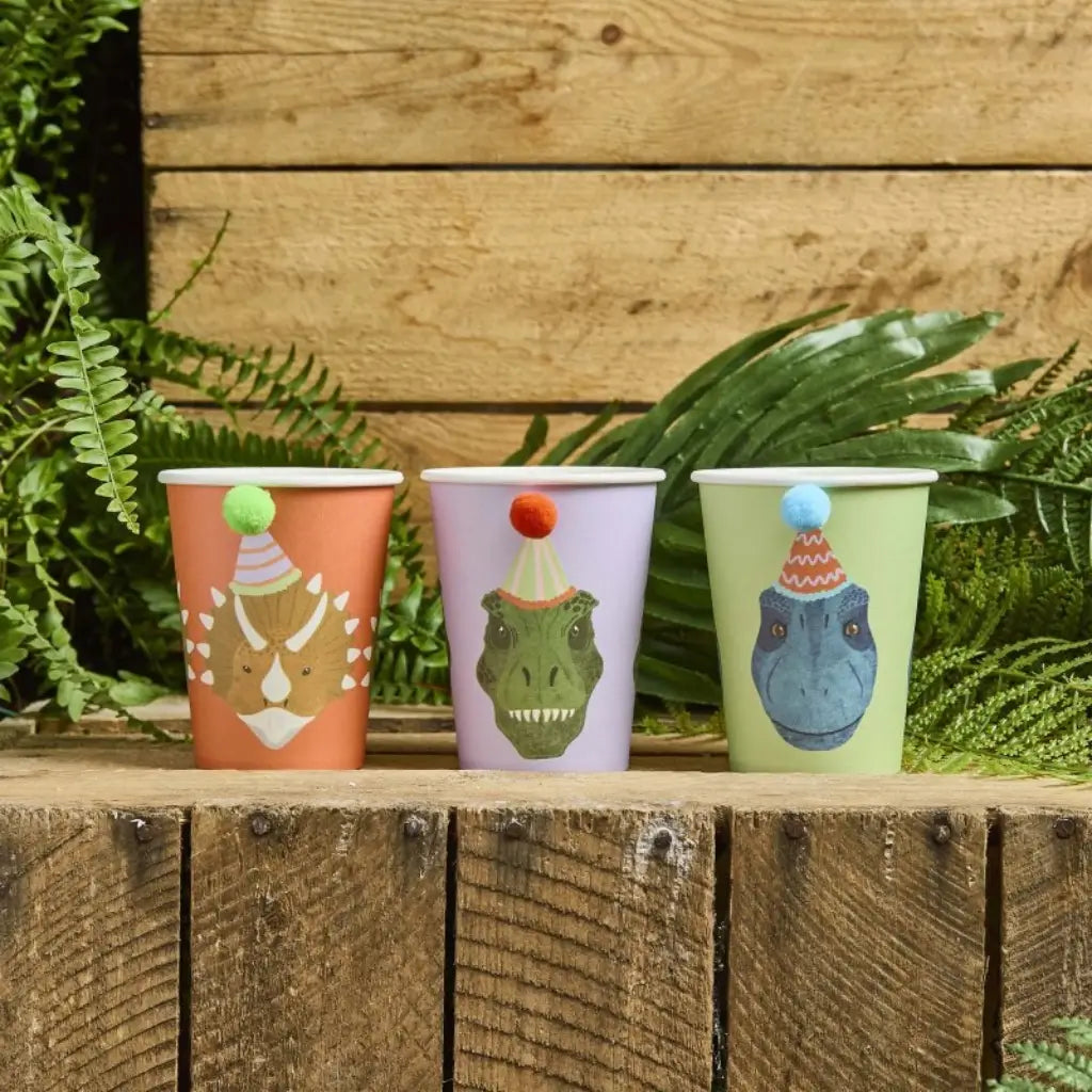 Party Dinosaurs Pom Pom Paper Cups 250ml 6 Pack