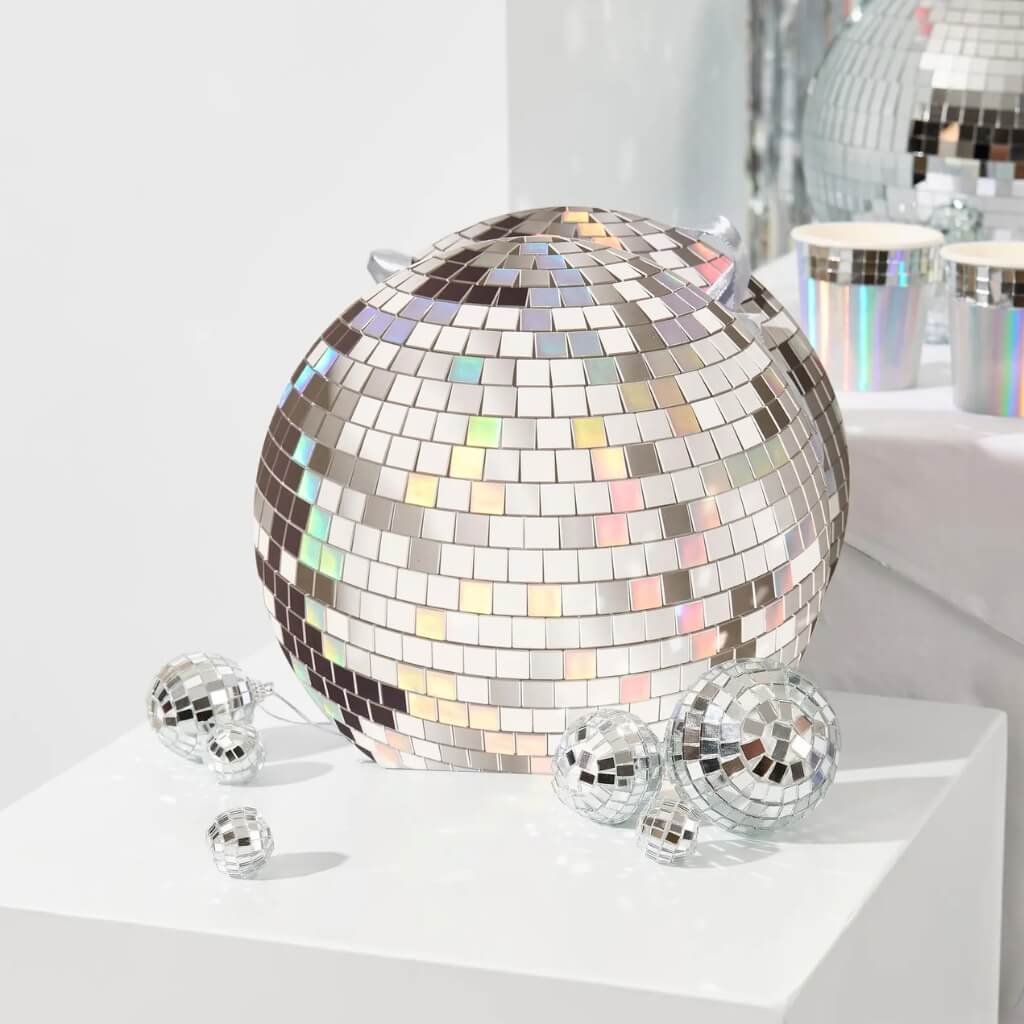 Shiny silver disco ball gift bags for disco, Barbie, or 70s themed celebrations