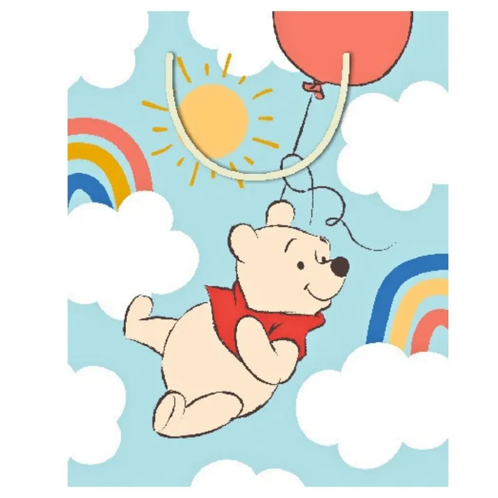 Official Disney Baby Winnie the Pooh large gift bag featuring Pooh floating with a balloon among clouds and rainbows