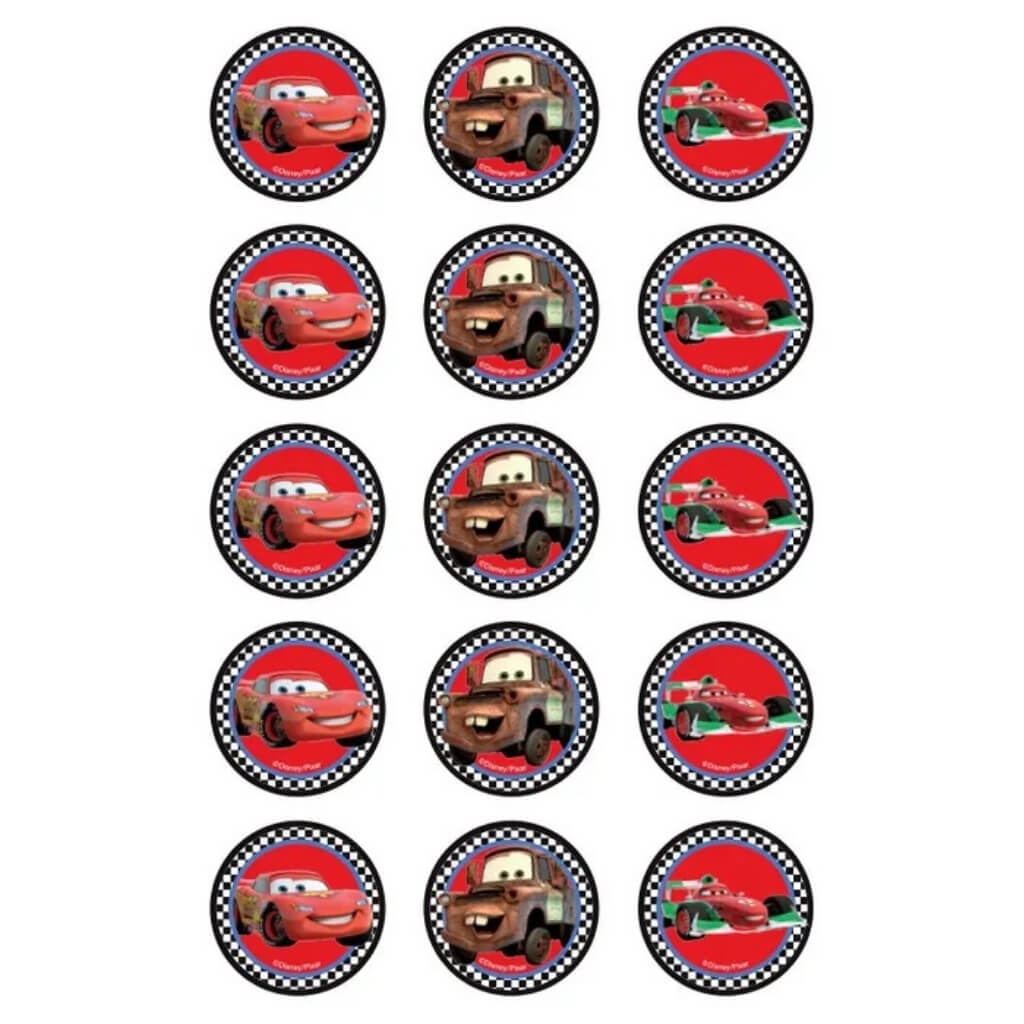 Disney Cars edible cupcake image sheet with 15 pre-cut Lightning McQueen, Mater and Francesco toppers.