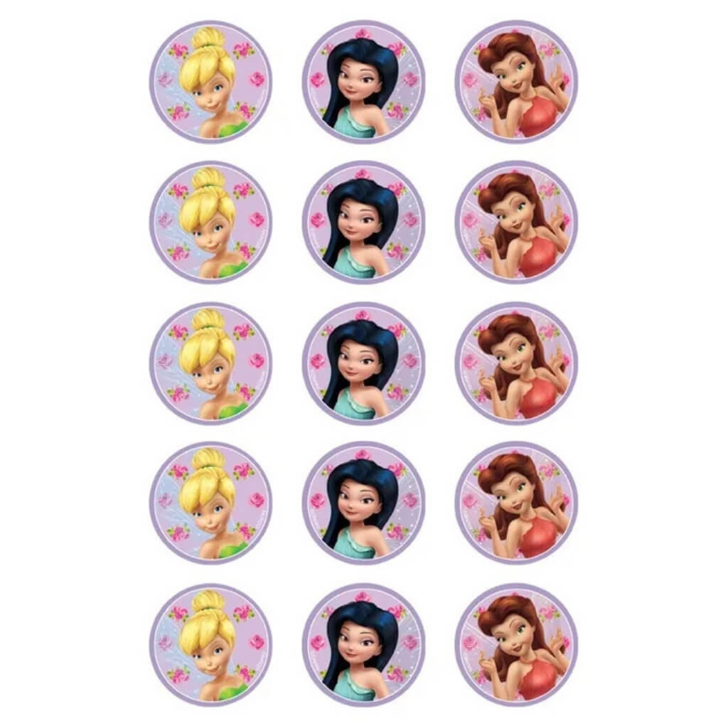Disney Fairies edible cupcake image sheet with 15 pre-cut Tinker Bell and fairy toppers.