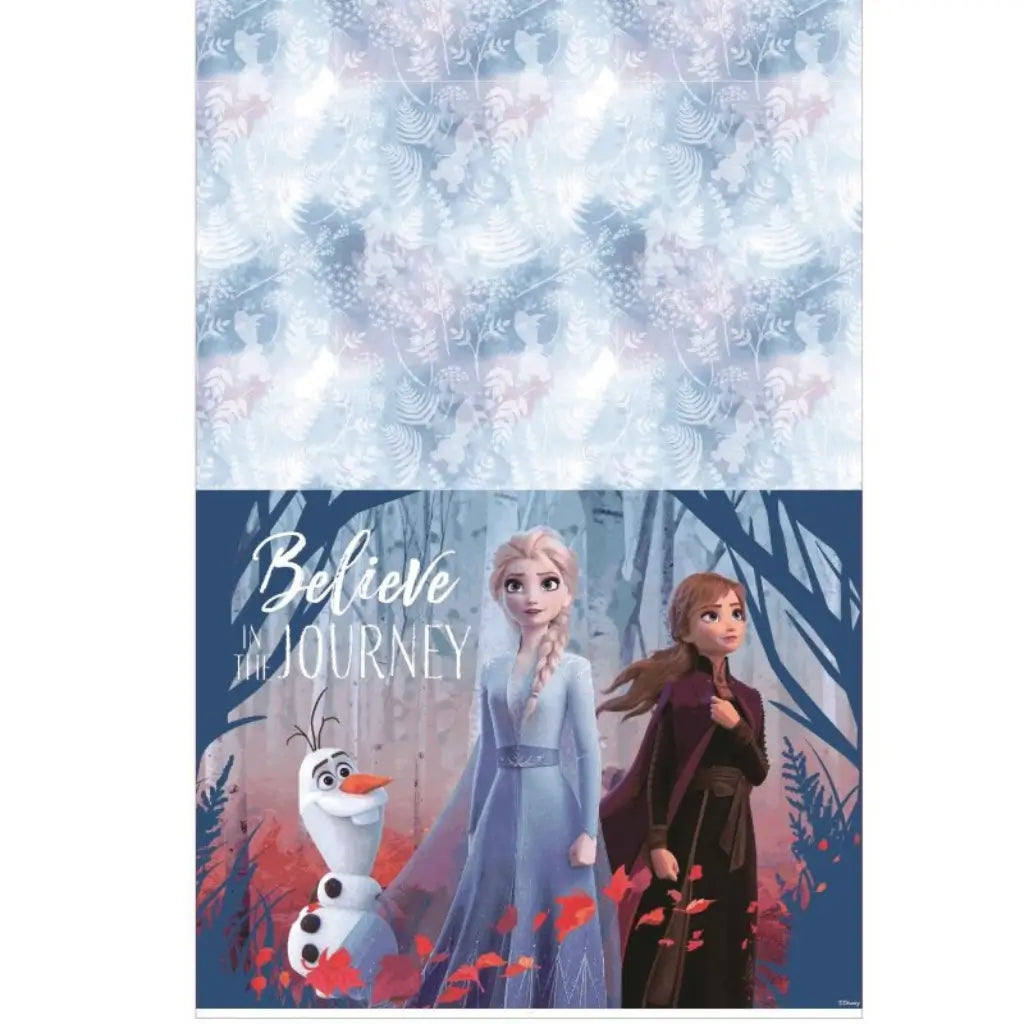 Disney Frozen 2 plastic party tablecover measuring 2.4m x 1.3m featuring Elsa, Anna and Olaf.