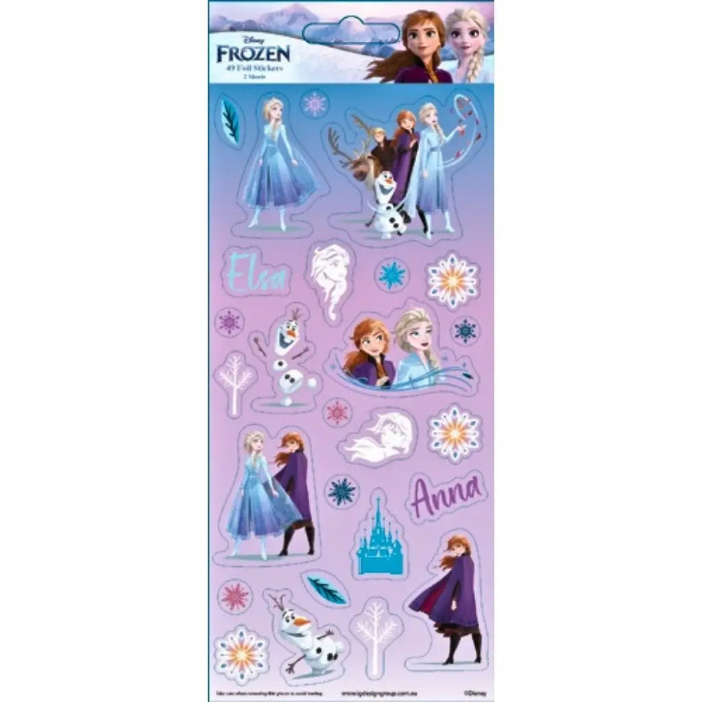 Disney Frozen 2 sticker sheet featuring Elsa, Anna and Olaf self-adhesive stickers for party bags, crafts and children's activities