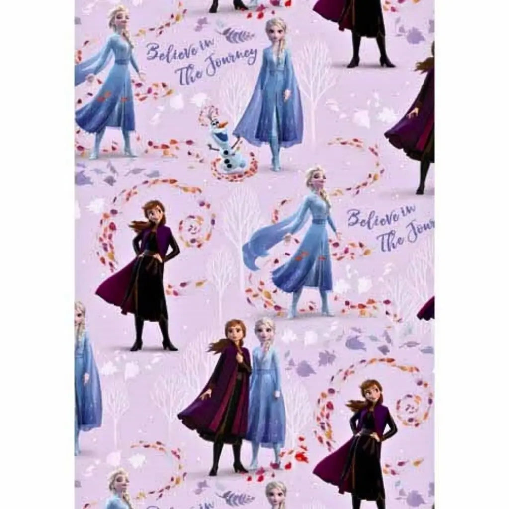 Disney Frozen 2 wrapping paper sheet featuring Elsa, Anna and Olaf with Believe in the Journey design, 70cm x 49.5cm gift wrap for birthdays and special occasions