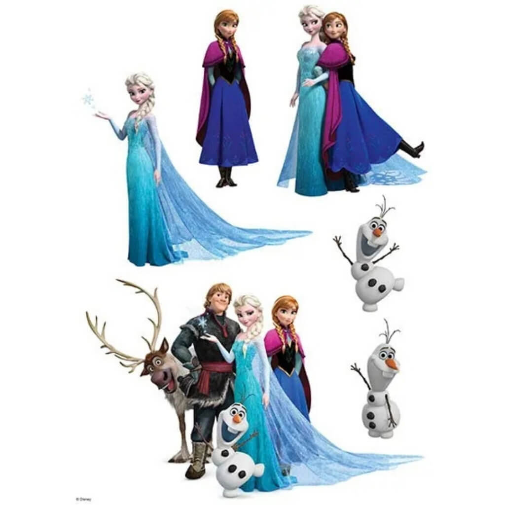 Disney Frozen A4 edible character sheet featuring Elsa, Anna, Olaf, Kristoff and Sven.